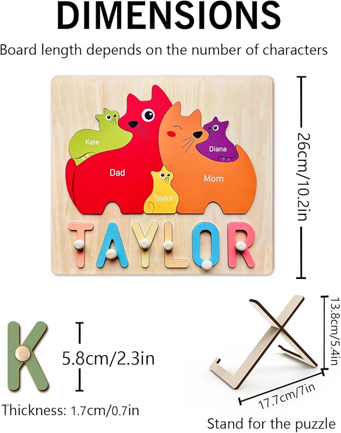 Personalized Baby Name Puzzle | Custom Wooden Baby Toy for Toddlers 1-3 | Montessori Learning Toys for Boys & Girls | Perfect Kids Gift for First Birthdays & Christmas (Cats)