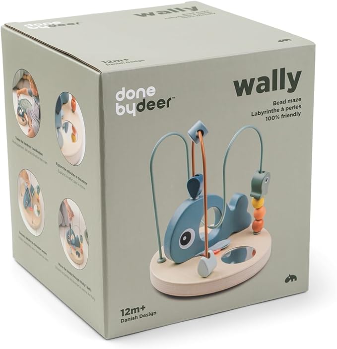 Done by Deer Wally Bead Maze - Educational Toy for Kids - Ocean Blue Theme - Fine Motor Skill Development - Whale & Underwater Elements - Soft Crinkling Fabric on Fins - Small Mirror - Sturdy Base