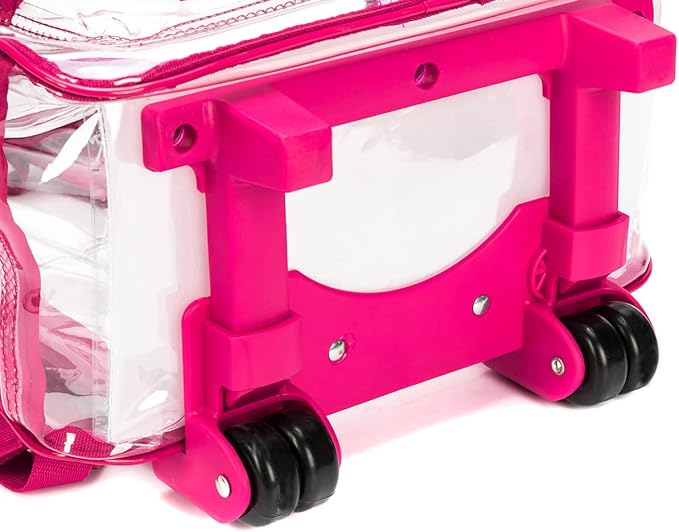 K-Cliffs Rolling Clear Backpack Heavy Duty Bookbag Quality See Through Workbag Travel Daypack Transparent School Book Bags w/Wheels Hot Pink