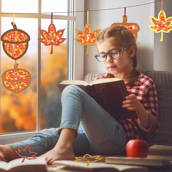 Zliisang 24PCS Make You Own Fall Crafts Kit Bulk Maple Leaf Acorn Paper Suncatchers DIY Kit for Autumn Thanksgiving Classroom Activities Decorations Window Stained Glass Effect Art Supplies