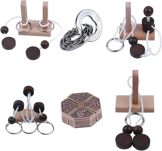 Wooden and Metal 3D Unlock Interlock Assorted Brain Teasers Puzzles,IQ Logic Training Family Game Party Favor Coffee Table Time Unlock Interlock Mind Puzzles Box(6Pcs)
