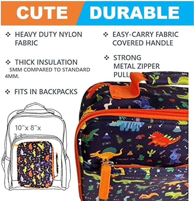 Bento Box with Thermal, Stainless Steel Food Jar for Hot-Cold Food or Soup, Insulated Lunch Bag and Ice Pack Set for Kids or Toddlers. Ages 3 to 7, Blue Dinosaur