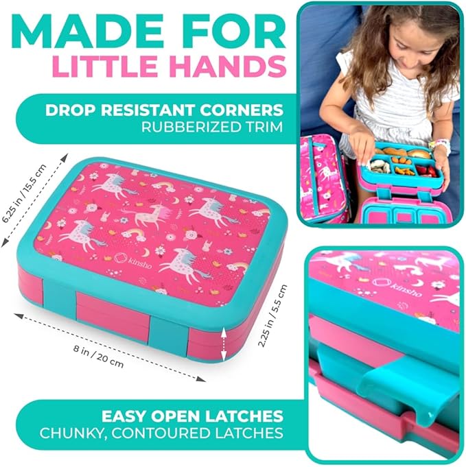Bento Box with Lunch Bag, Insulated Stainless Steel Thermo for Hot-Cold Food or Soup, Ice Pack Set for Kids Girls Toddlers Snacks for Daycare, Ages 3 to 7, Pink Unicorn