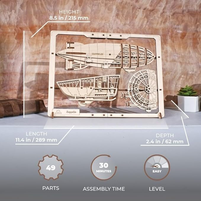 UGEARS 2.5D Framed Zeppelin - Classic Aircraft Wood Model Kit with Movable Propellers & Stabilizers - Airship Wooden Puzzle Model Kits for Adults - Home and Office Decor