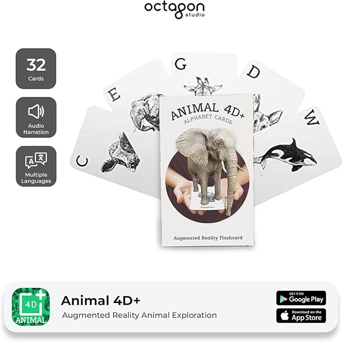 4D+ Augmented Reality Flashcards for Kids – Educational STEM Cards with Free App – Interactive Learning for Ages 4+ (Animal 4D+)
