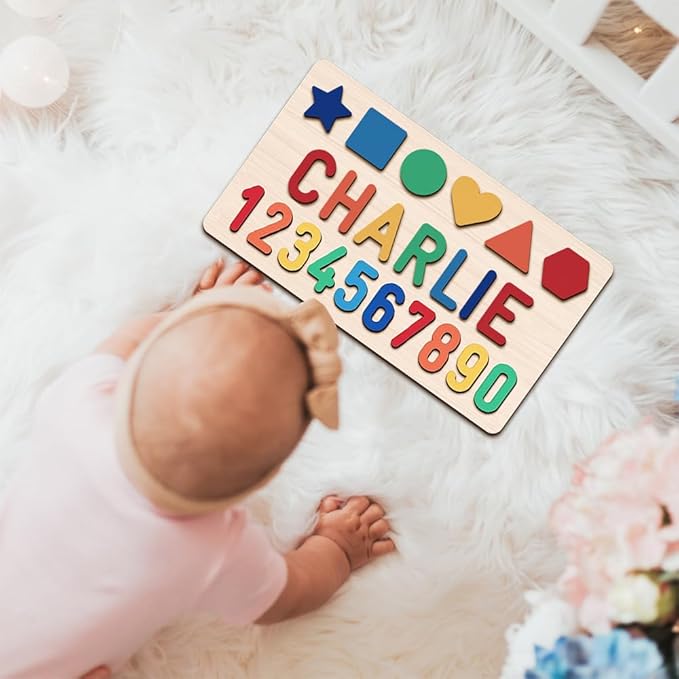 Personalized Name Puzzle - Custom Wooden Puzzle for Toddlers 1-3 - Unique Baby Shower, Christmas & 1st Birthday Gift for Boys and Girls - Keepsake Montessori Toy (Shape-Number)