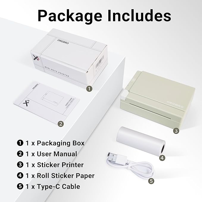 ORGBRO Sticker Printer, X3 Mini Bluetooth Printer Supports 2-3 Inch Printing Width, Thermal Sticker Maker Machine for Photos, Study Notes, Compatible with iOS & Android, Easy to Use, Olive Green