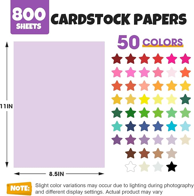 800 Sheets 8.5" X 11" Colored Cardstock, 50 Assorted Colors Construction Paper Card Stock Printer Paper for Printing, Card Making, DIY Crafts, Kids School Supplies,Party Decorations (180 GSM)