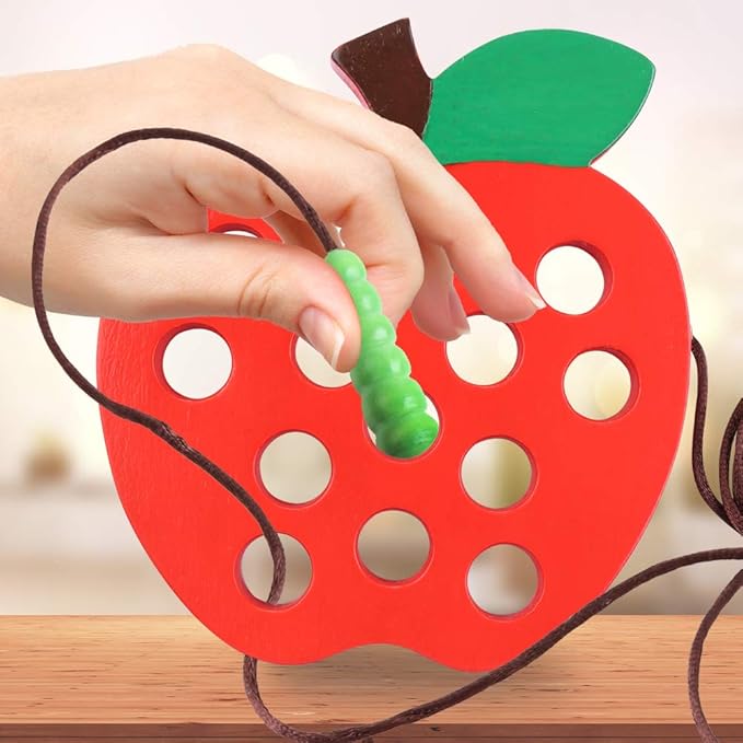 KLT Wooden Lacing Toy for Toddlers: Apple Watermelon Threading Toy - Preschool Fine Motor Skill Learning - Early Educational Gifts for 3 4 5 Kids