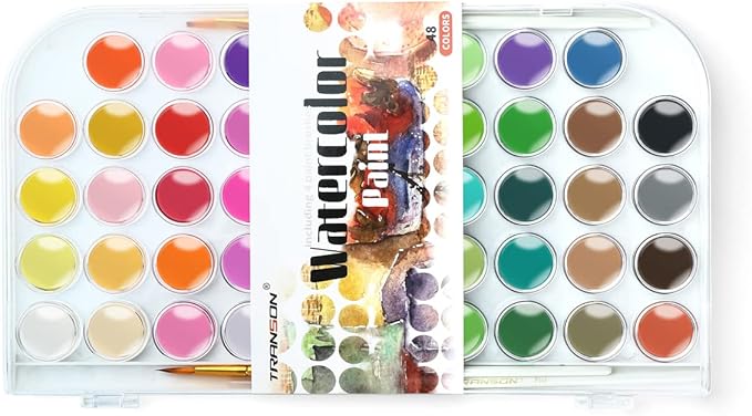TRANSON 48 Colors Watercolor Paint Set with 4pcs Paint Brushes and 1pcs Water Brush Pen for Adults, Students, Beginners and Artists