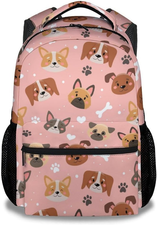 Dog Backpacks for Kids, Large Capacity Backpack for School, Cute Pink Doggy Print Lightweight Bookbag for Boys & Girls