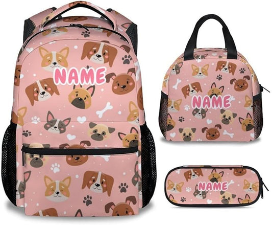 Custom Dog Backpack with Lunch Box, Set of 3 School Backpacks Matching Combo, Cute Pink Bookbag and Pencil Case Bundle