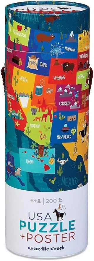 Crocodile Creek 200-Piece Jigsaw Floor Puzzle with Matching Poster - Fun Puzzles for Kids Ages 6-8 and Up - Heavy-Duty Storage Cylinder with Handle - USA Map - 19" x 13" Finished