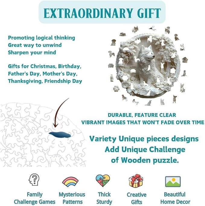 Wooden Puzzles Adults, 3D Samoyed Dog Wooden Puzzles 200 Pieces, Unique Animal Shaped Wood Challenging Jigsaw Puzzles Gifts for Adults, 11.4x11.1in