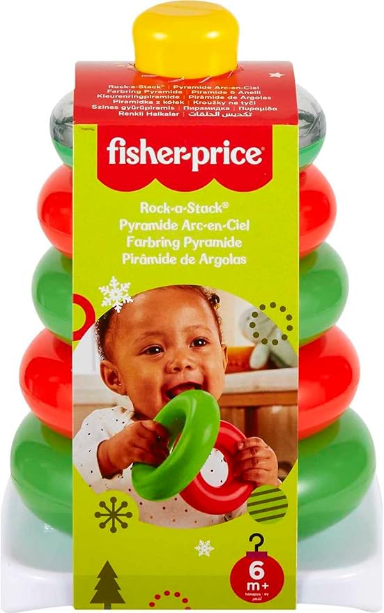 Fisher-Price Baby Toy Holiday Rock-a-Stack, Red & Green Ring Stacking Activity for Developmental Play Infants Ages 6+ Months