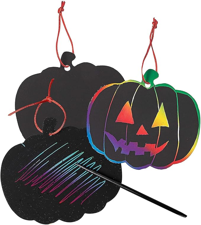 Neliblu Halloween Scratch Art Trick or Treat Paper Crafts Kit Bulk Pack of Halloween Pumpkins with Magic Rainbow Colors - 24 Pumpkin Ornaments, 24 Scratch Sticks, 24 Ribbons