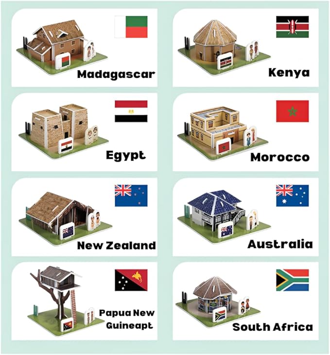 3D Puzzle Set - Traditional Houses Collection: Build 8 Country Models with Authentic Costumes, DIY Kit for Hobbyists, Creative Toy and Home Decor (Africa and Oceania)