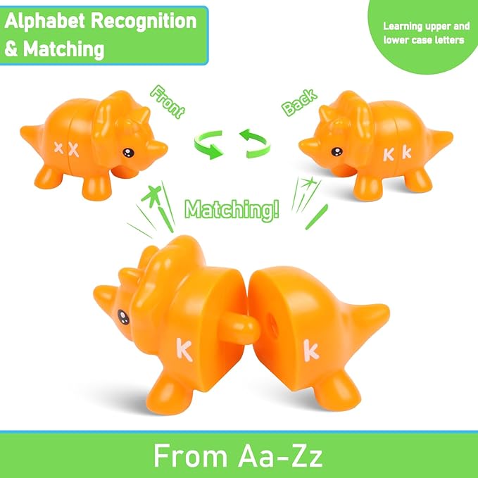 Letters Matching Game Dinosaur Toys 26 Letters Double-Sided ABC Alphabet Match Uppercase Lowercase, Montessori Learning Toy Educational Fine Motor Skill for 12 Months Toddlers Kids 1 2 3 4 5 Years Old