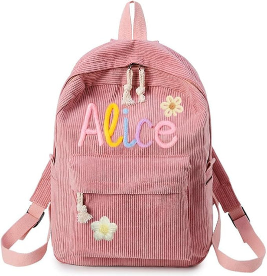 Personalized Backpack for Girls/Boys, Custom Corduroy School Bag with Cotton Rope Embroidery Name, Back to School Bag Gifts for Kids, Children Birthday/Christmas Gift