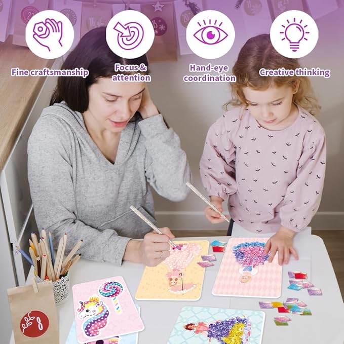 RAJRNED Poke in Fun Magical Princesses Kit, Arts and Crafts for Girls with 8 Magical Princesses & 9 Accessories, Mess-Free Fun for Kids, DIY Craft Kits, Gifts for Girls & Boys Ages 3-12