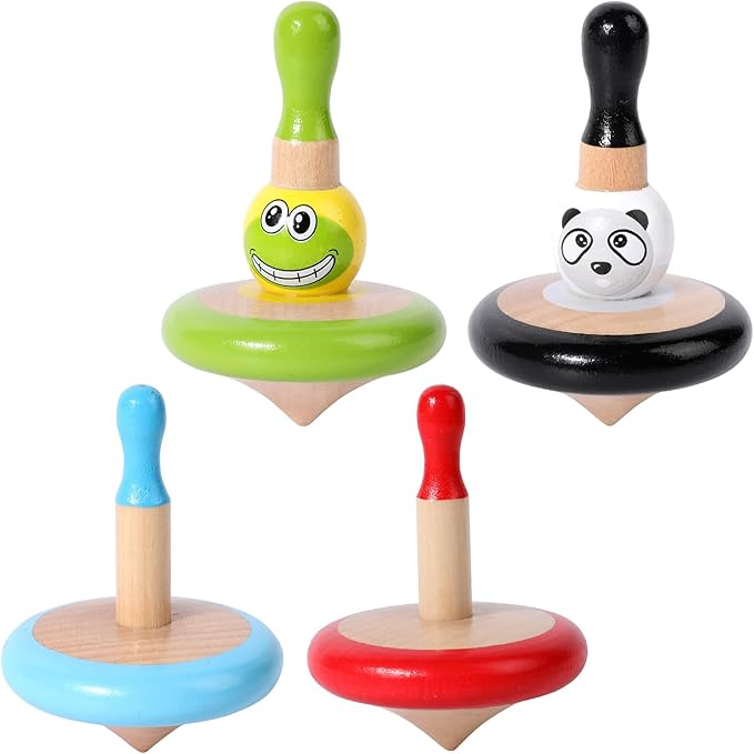 WODI 4PCS Wooden Spinning Tops - Adorable Animal Gyroscope Toys for Toddlers, Safe & Fun Montessori Educational Gift, Fidget Spinner for Kids/Toddlers (#1)