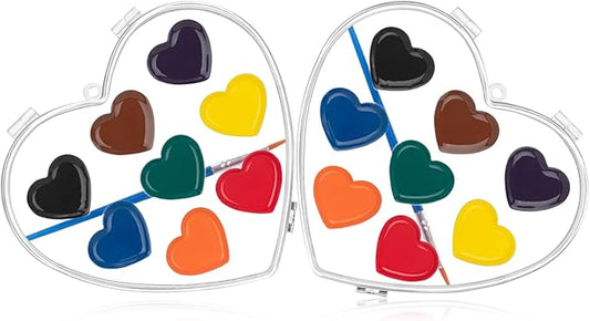 Valentines Day Gifts for Kids, 2 Pack 8 Colors Heart Shaped Watercolor Paint Set with Paintbrush, Prizes Exchange Washable Water Color Kids Paint Set Art Supplies Party Favors for Preschool Classroom School