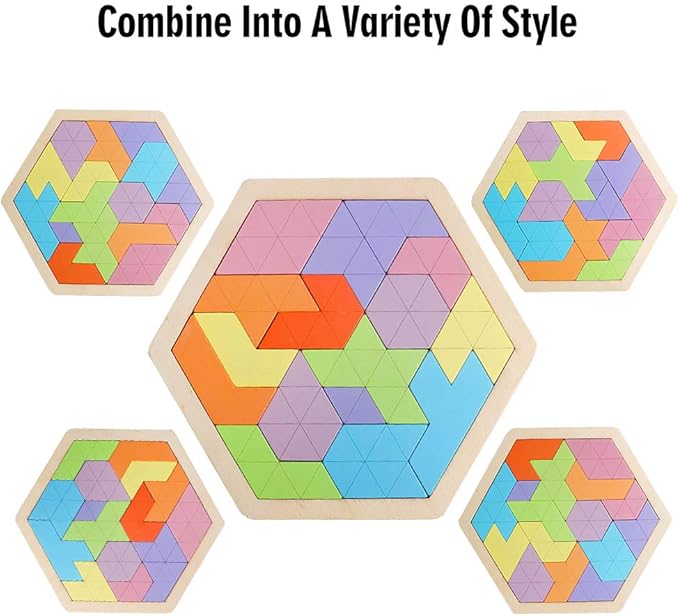 Skrtuan Wooden Hexagon Puzzle for Kid Adults Wooden Blocks Puzzle Brain Teasers Toy Shape Pattern Blocks Tangram Puzzles Games Family Portable Montessori Educational Gift for Kid Children