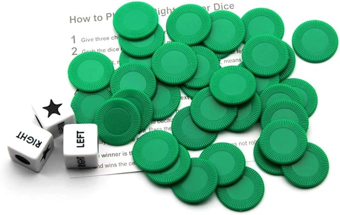 Left Right Center Dice Game Set with 3 Dices + 36 Chips (Green)