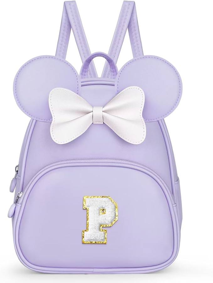 Backpack for Girls Kids Toddler, Bookbag for Teen Girl Kids Birthday Gifts, School Backpack for Girls with Cute Bow, Initial Purple P
