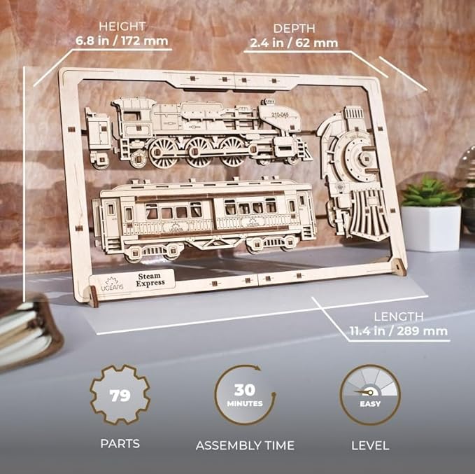 UGEARS 2.5D Framed Steam Express - Classic Train Wood Model Kit with Movable Wheels, Mechanisms & Doors – Steam Train Wooden Puzzle Model Kits for Adults - Home and Office Decor