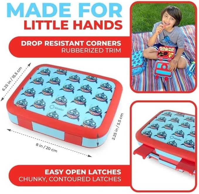 Bento Lunch Box with Thermo Set for Kids, 4 Compartment Bento-Box, Insulated Lunch Bag, Stainless Steel Food Jar, Baby Blue Shark