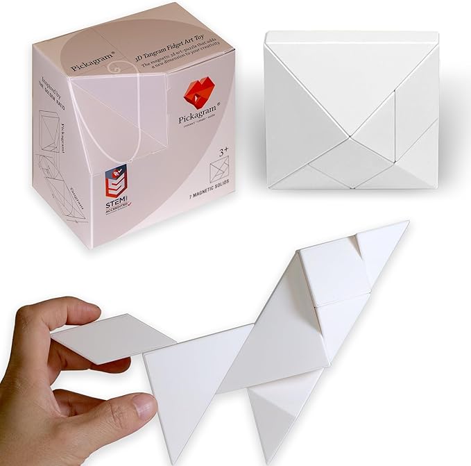 Pickagram Tangram 3D Magnetic Puzzle for Kids (8-12), Adults & Seniors | STEM Certified Fidget Puzzle - Magnetic Pattern Blocks for Cognitive Development, Creativity & Focus - White