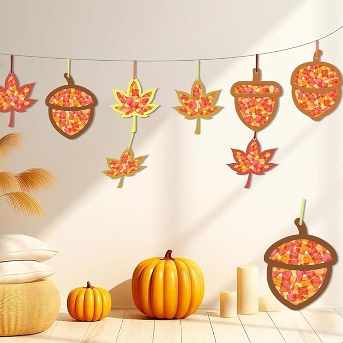 Zliisang 24PCS Make You Own Fall Crafts Kit Bulk Maple Leaf Acorn Paper Suncatchers DIY Kit for Autumn Thanksgiving Classroom Activities Decorations Window Stained Glass Effect Art Supplies