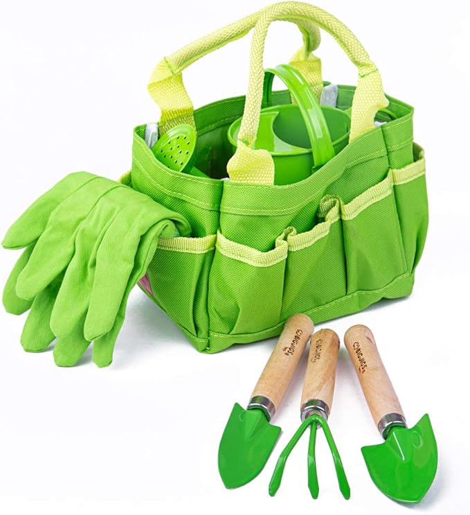 Bigjigs Toys Small 5 Piece Childrens Gardening Set with Bag, Garden Tools, Watering Can & Gardening Gloves - Fun Gardening for Kids, Quality Outdoor Toys