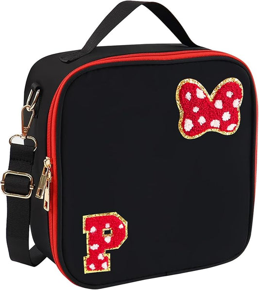 Preppy Initial Bow Mouse Lunch Bag, Kids Insulated Lunch Box Gifts for Teen Girls Daughter, Reusable Soft Lunch Containers Crossbody Cooler Bag Must Haves for Park Travel School Work Picnic Black P