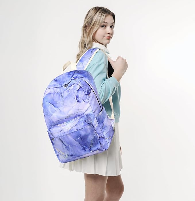 JIANYA Backpack for Girls, Elementary Kids School Backpacks Marble Bookbag for Girls Backpack with Lunch Box, Purple