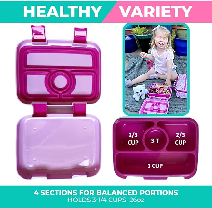 Bento Lunch Box for Kids with Thermo Food Jar for Hot Food Soup, Insulated Lunch Bag and Ice Cold Pack Set, Stainless Steel Lunch Thermal, Girls Container Boxes with 4 Compartments, Pink Unicorn