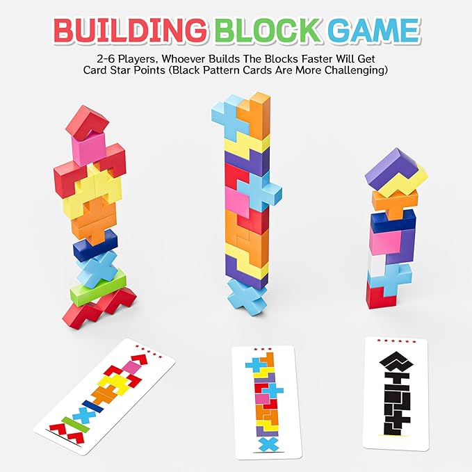 Wooden Block Game 120Pcs Fast-Paced Stacking Building Block Game Challenging Board Games for Kids 1 to 6 Players Color Block Puzzles Party Games for Ages 4+ Blue