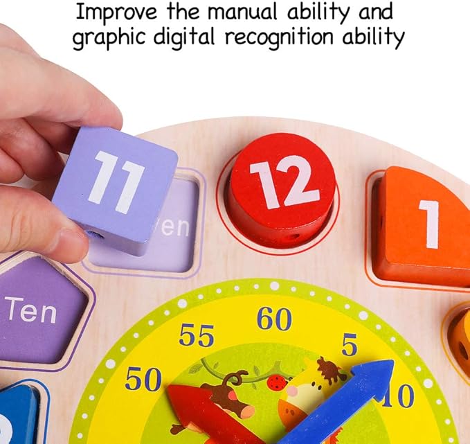 Skrtuan Wooden Sorting Clock Toy for Toddlers 3-5 Years Old, Montessori Shape Color & Animal Puzzle, Educational Learning Gift for Teaching Time, Numbers, and Fine Motor Skills
