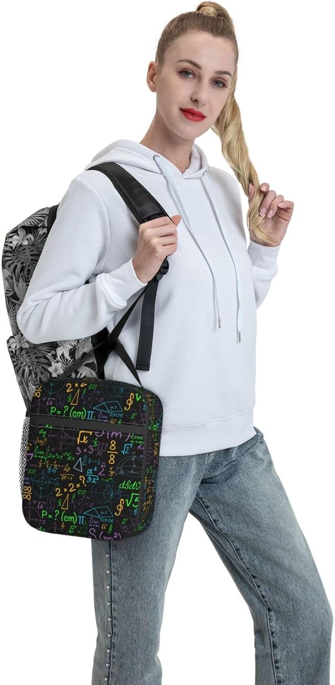 Math Colorful Geometrical Plots Formulas Calculations Reusable Lunch Box Food Bag Insulated Lunch Bag for Teenage Boys Girls School Beach