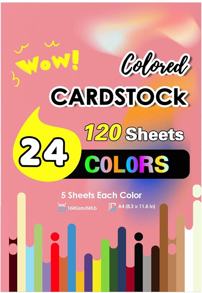 Colored Cardstock Paper 120 Sheets, Card Stock 24 Colors Assorted, Colored Construction Paper Thick 160 GSM 60 Llb for Printing Cutting DIY A4 1 Pack