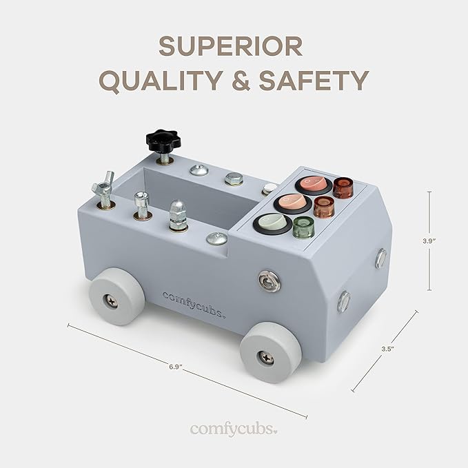 Comfy Cubs Busy Board Toy Truck Set - Fun & Noise-Free, Pine Wood Activity Board for Toddlers with LED Light Switch - Designed in The US, Focused & Engaging Montessori Play for Kids 3+ (Pacific Blue)