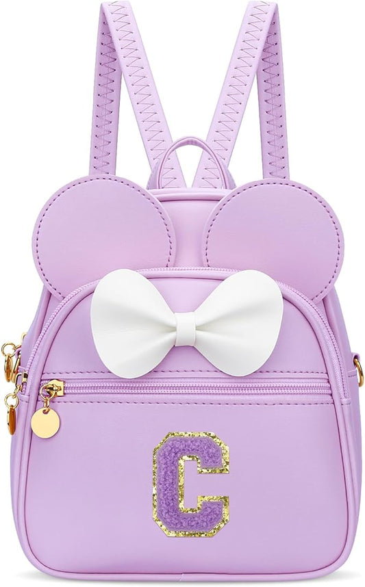 KKXIU Girls Initial Bowknot Cute Mini Backpack for Toddler, Travel Small Girl Backpacks, Personalized Trendy Stuff Gift for Little Girls and Kids(C, Purple)