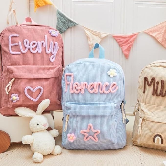 Personalized Corduroy Backpack for School Girls & Boys, Custom Name School Bag with Cotton Rope Woven, Customize Monogram Book Bag for Toddlers and Kids, Back to School Gifts