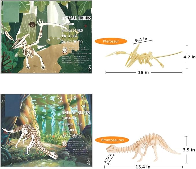 3D Wooden Dinosaur Puzzle - 6 Piece Set Wood Dinosaur Skeleton Model Puzzle - DIY Wooden Crafts 3D Puzzle - STEM Toys Gifts for Kids and Adults