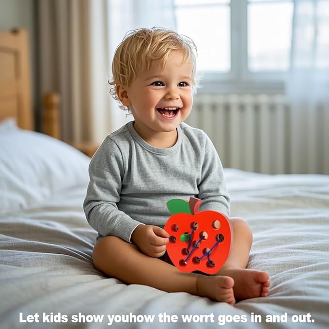 Lacing Toys for Toddlers,Wooden Threading Apple Baby Travel Toys,Montessori Education Sensory Learning Fine Motor Skills, Wooden Block Puzzle Gifts for 3 Year Old Baby Kids Boys Girls