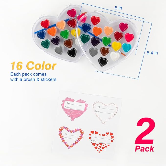 Valentines Day Gifts for Kids, 2 Pack 16 Colors Heart Shaped Watercolor Paint Set with Paintbrush, Prizes Exchange Washable Water Color Kids Paint Set Art Supplies Party Favors for Preschool Classroom School