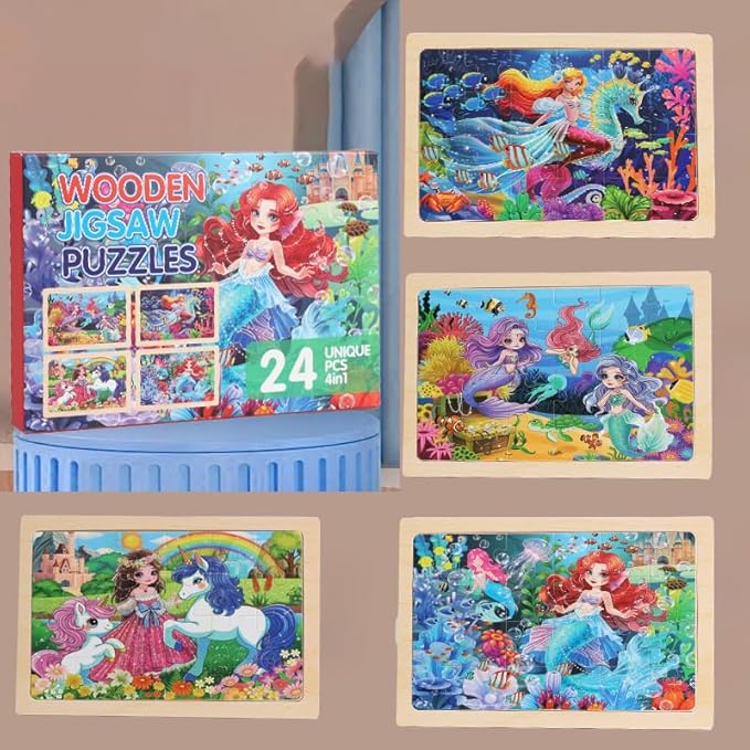 Wooden Puzzles for Kids Ages 4-6, 4 Packs 24 PCs Unicorn Mermaid Princess Fairy Jigsaw Puzzles, Preschool Educational Brain Teaser Toys for Girls 3 4 5 6 Years Old