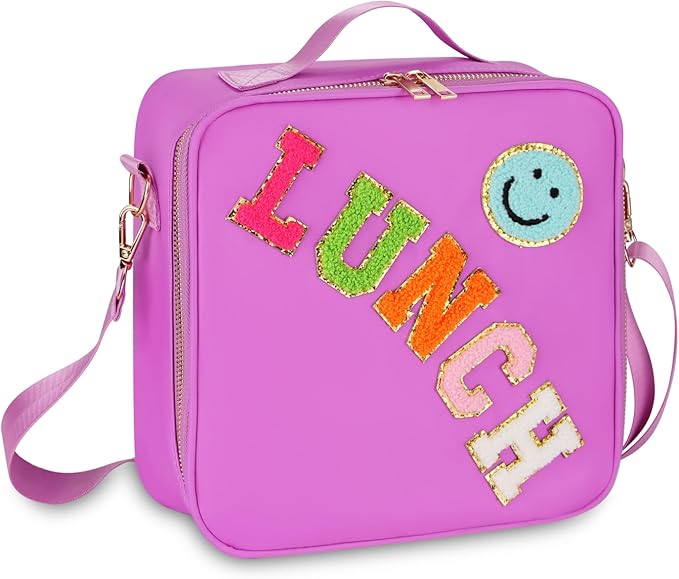 Insulated Girl Lunch Bag for Girls With Adjustable Strap, Nylon Preppy Lunch Box For Teens Kids Toddler Reusable Bag Back To School Picnic Gifts, Purple
