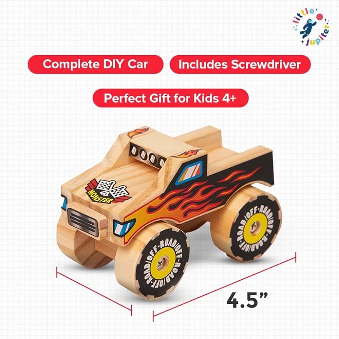 Little Jupiter DIY Wooden Kits w/Stickers - Kids Building Kit - Stem Toys for Ages 4-7 - Wood Crafts for Kids - Woodworking Kits (Monster Truck 1)